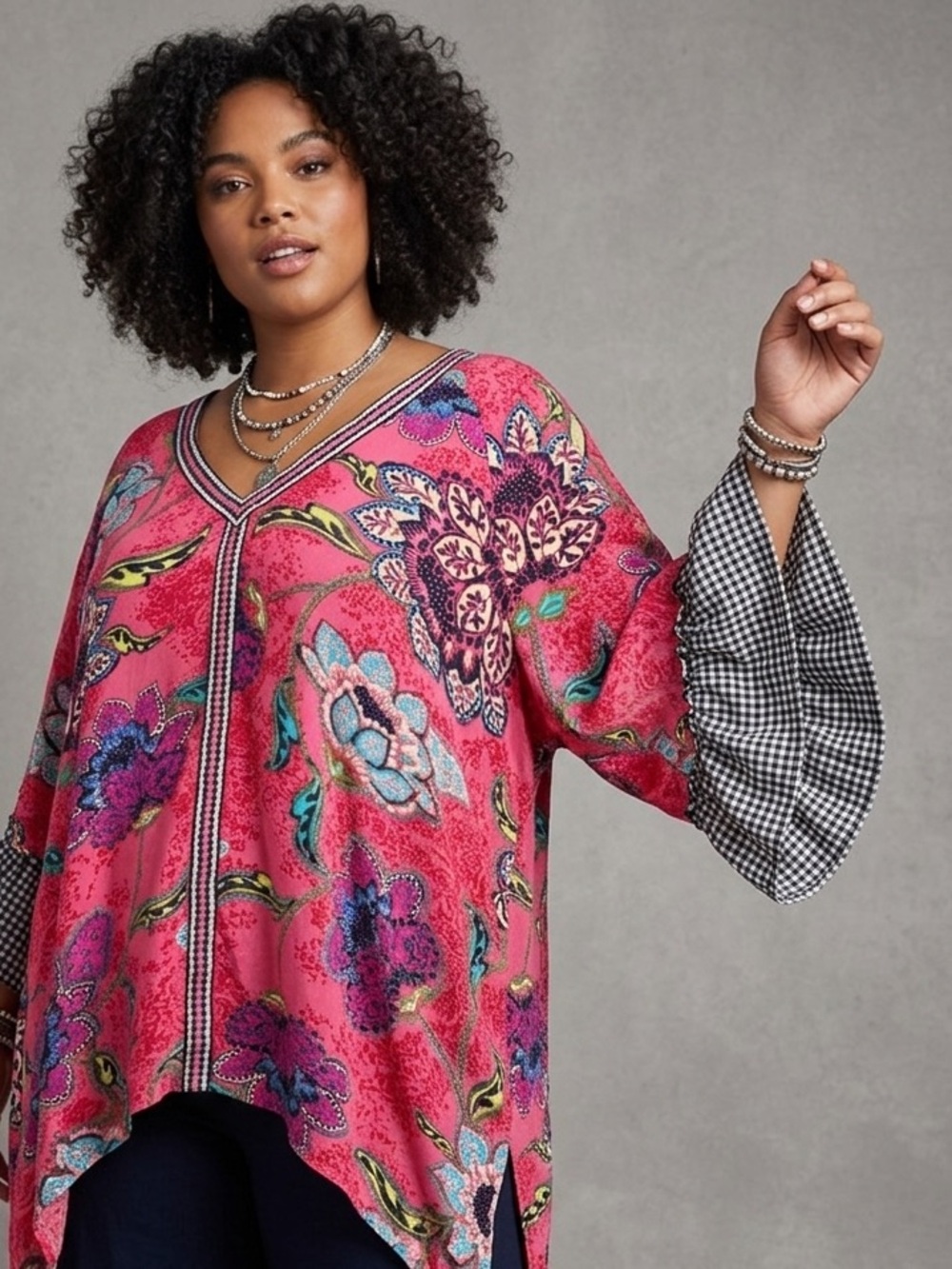 Democracy Pink Floral Boho Tunic Blouse – Gingham Ruffle & Tassels – Size 1X